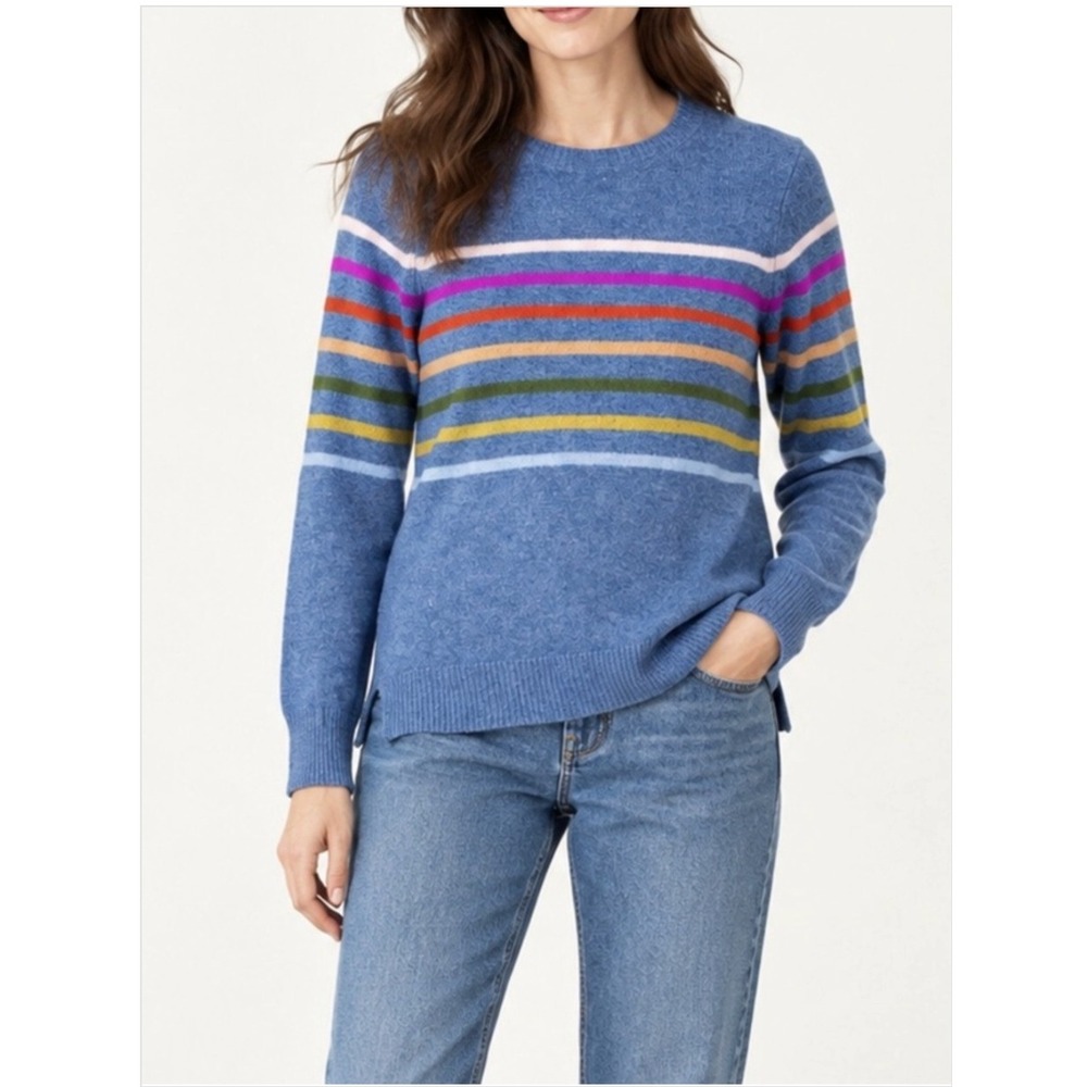 WoolOvers Rainbow Striped Wool Crewneck Sweater Women's XS Blue Preppy